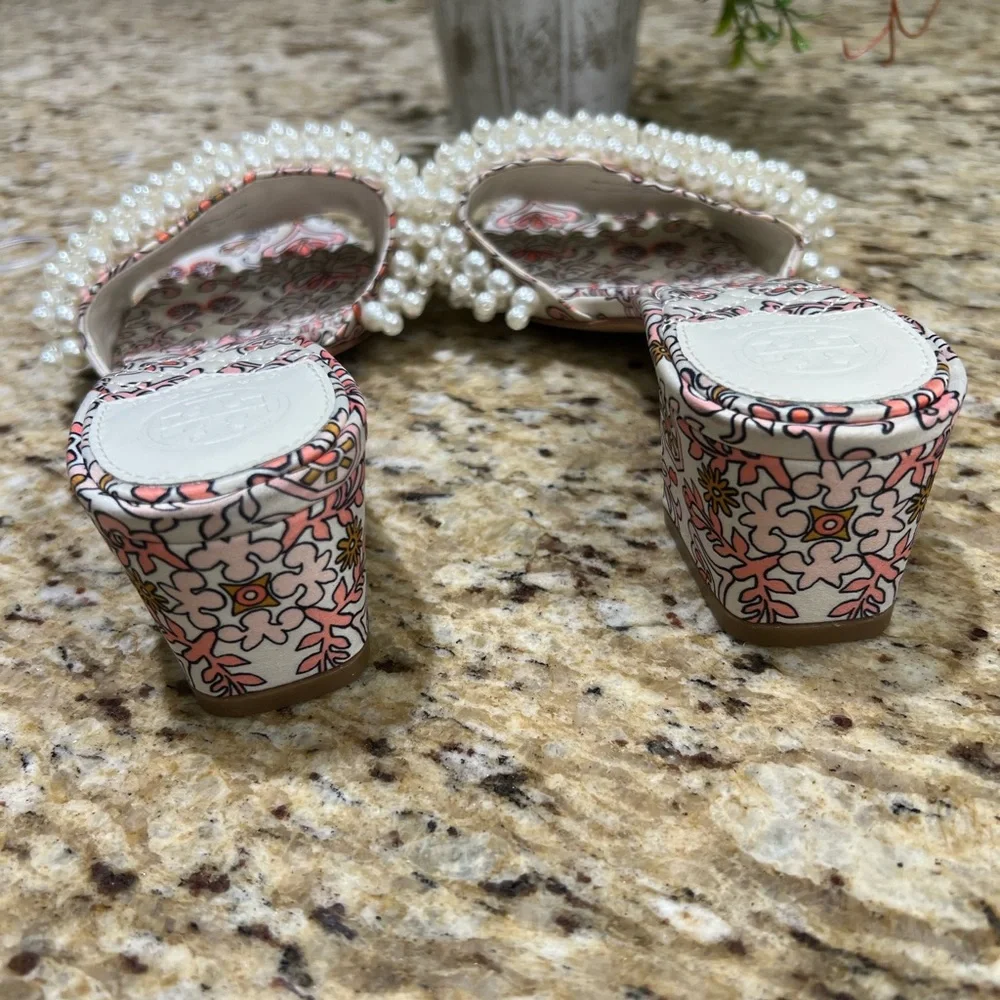 Tory Burch TATIANA Beaded PEARL Slide Sandals Hicks Garden Satin Shoes 5M